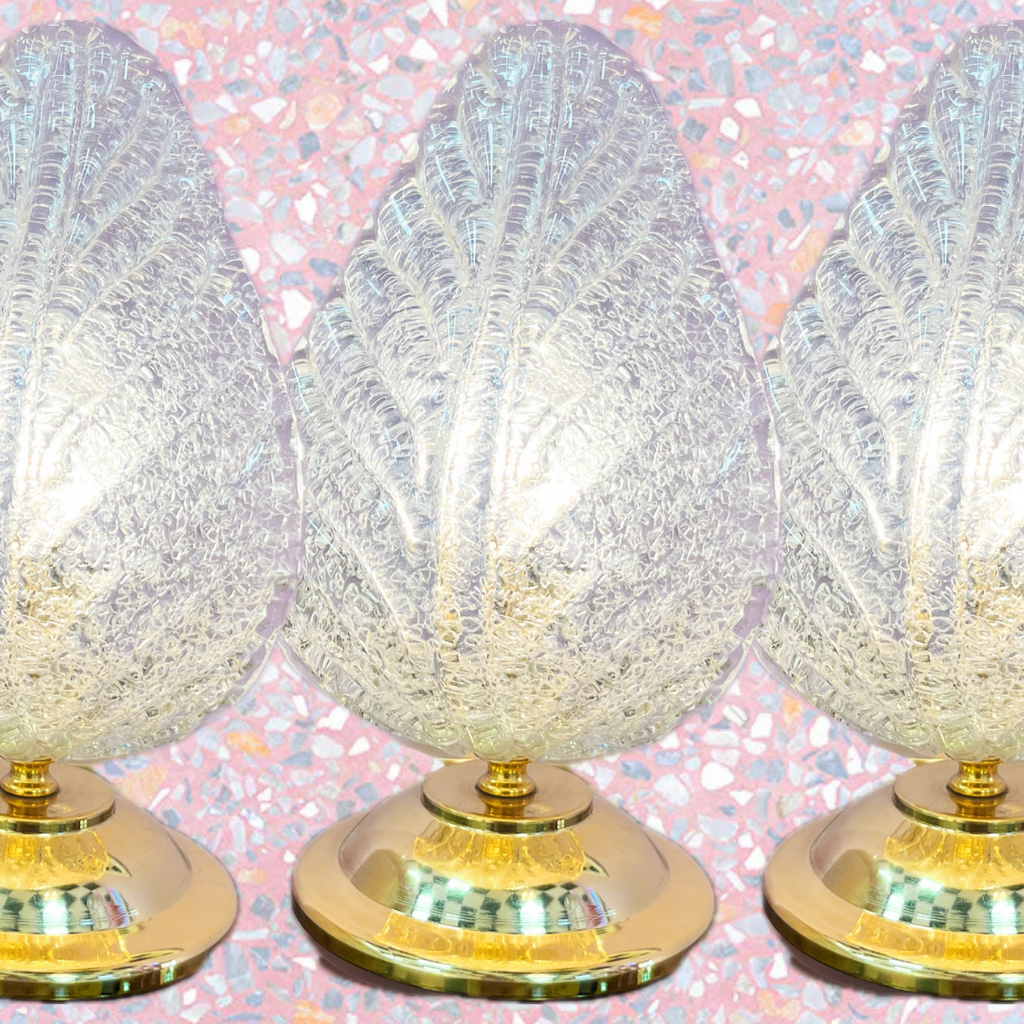 Lampe laiton & feuille en verre texturé – Années 80