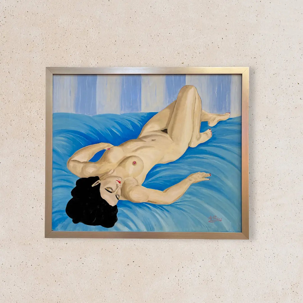 Peinture nue vintage, femme allongée, huile sur toile signée A. Rey, cadre argenté