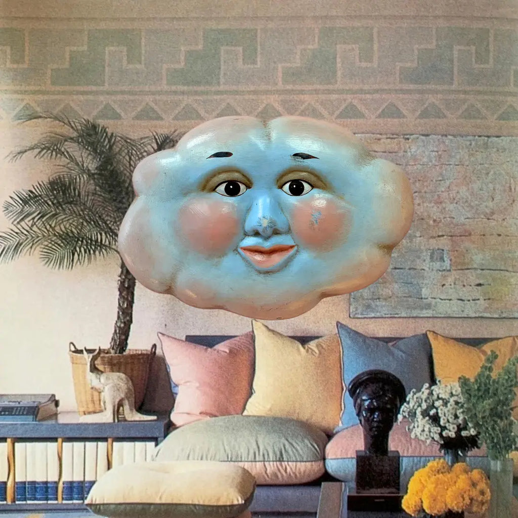 Sculpture murale nuage, visage peint à la main, Folk Art céleste, années 80