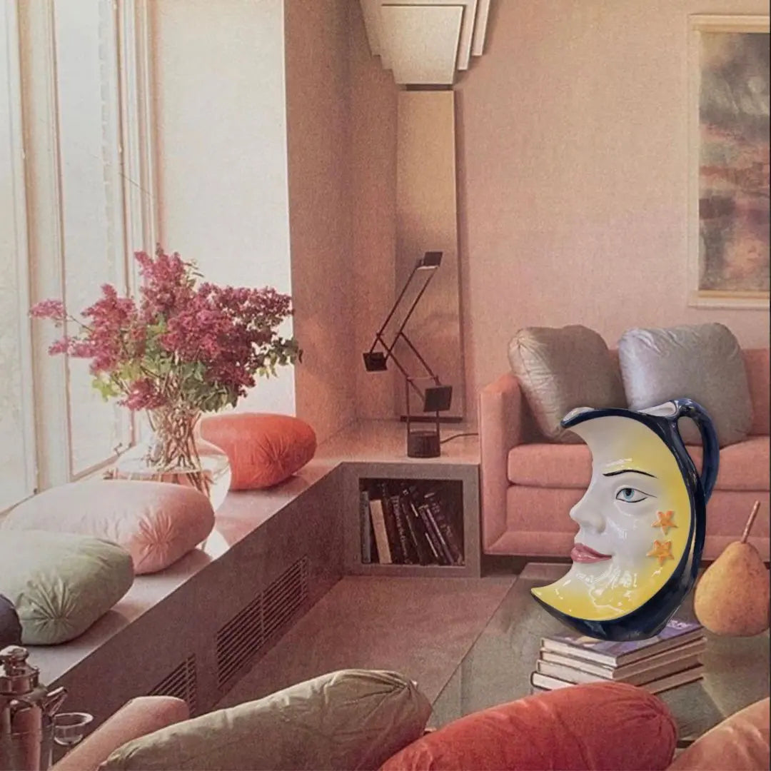 Pichet vintage en céramique italienne, visage lune, Bassano, années 70