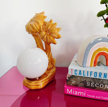 Load image into Gallery viewer, Vintage ceramic ochre palm tree lamp with opaline globe
