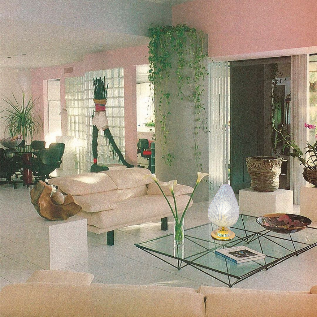 Lampe laiton & feuille en verre texturé – Années 80