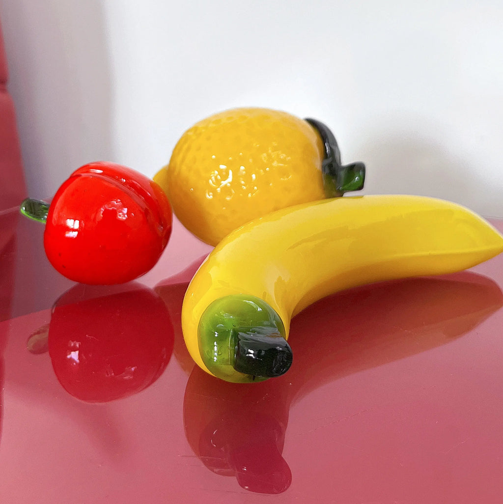 Fruits en verre de Murano soufflé vintage années 70, ensemble banane, citron et pêche.