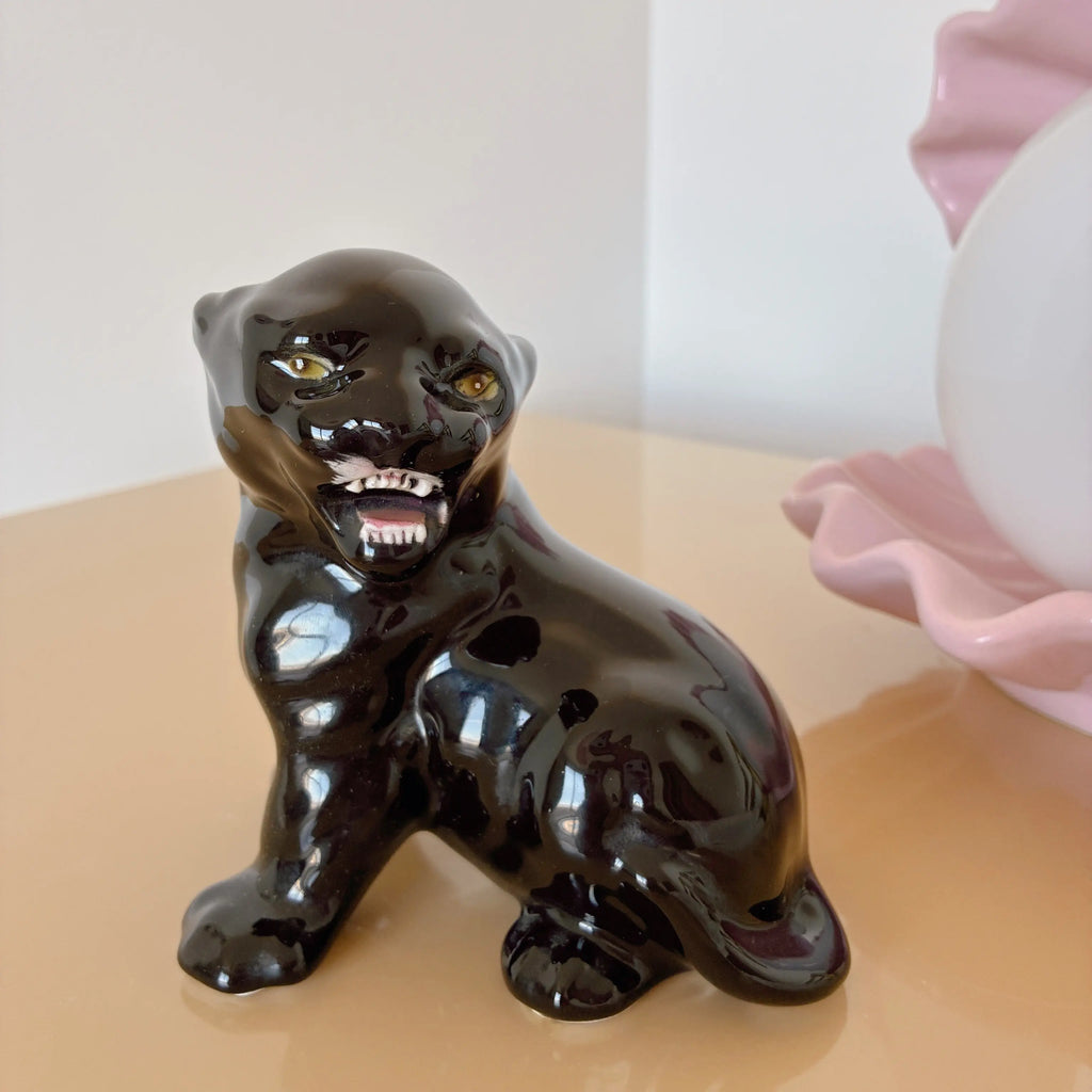 Statuette panthère noire rugissante, céramique vintage, Italie années 70, peinte à la main