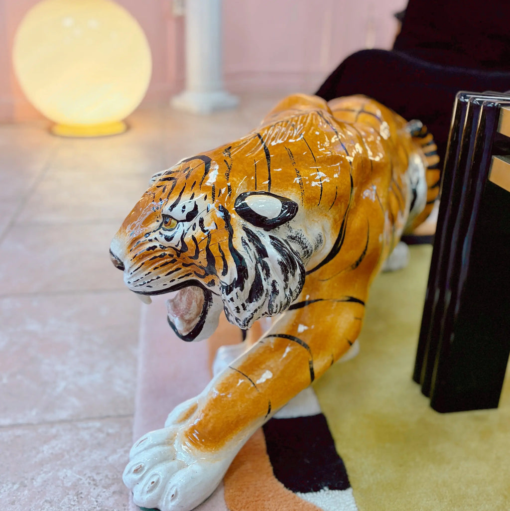 Grand tigre en céramique italienne vintage, 1 mètre, années 70-80