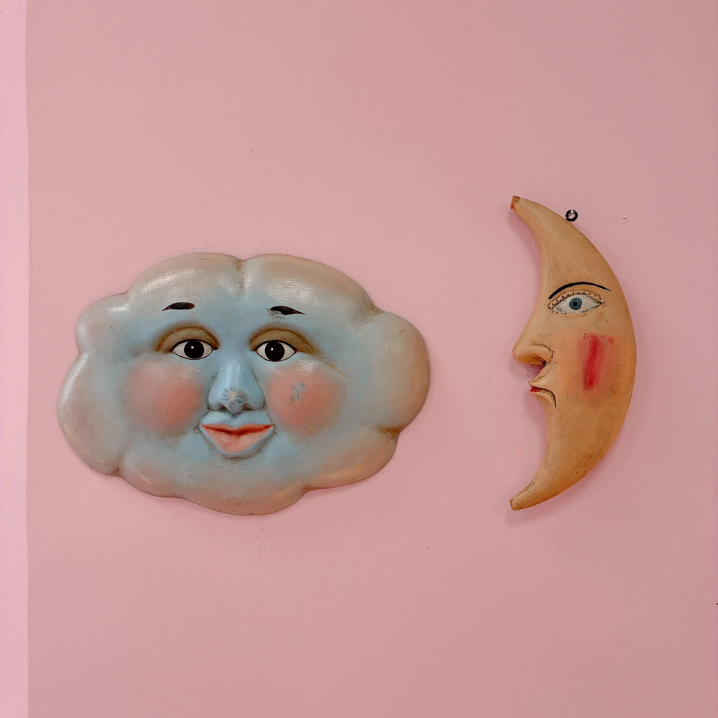 Sculpture murale nuage, visage peint à la main, Folk Art céleste, années 80