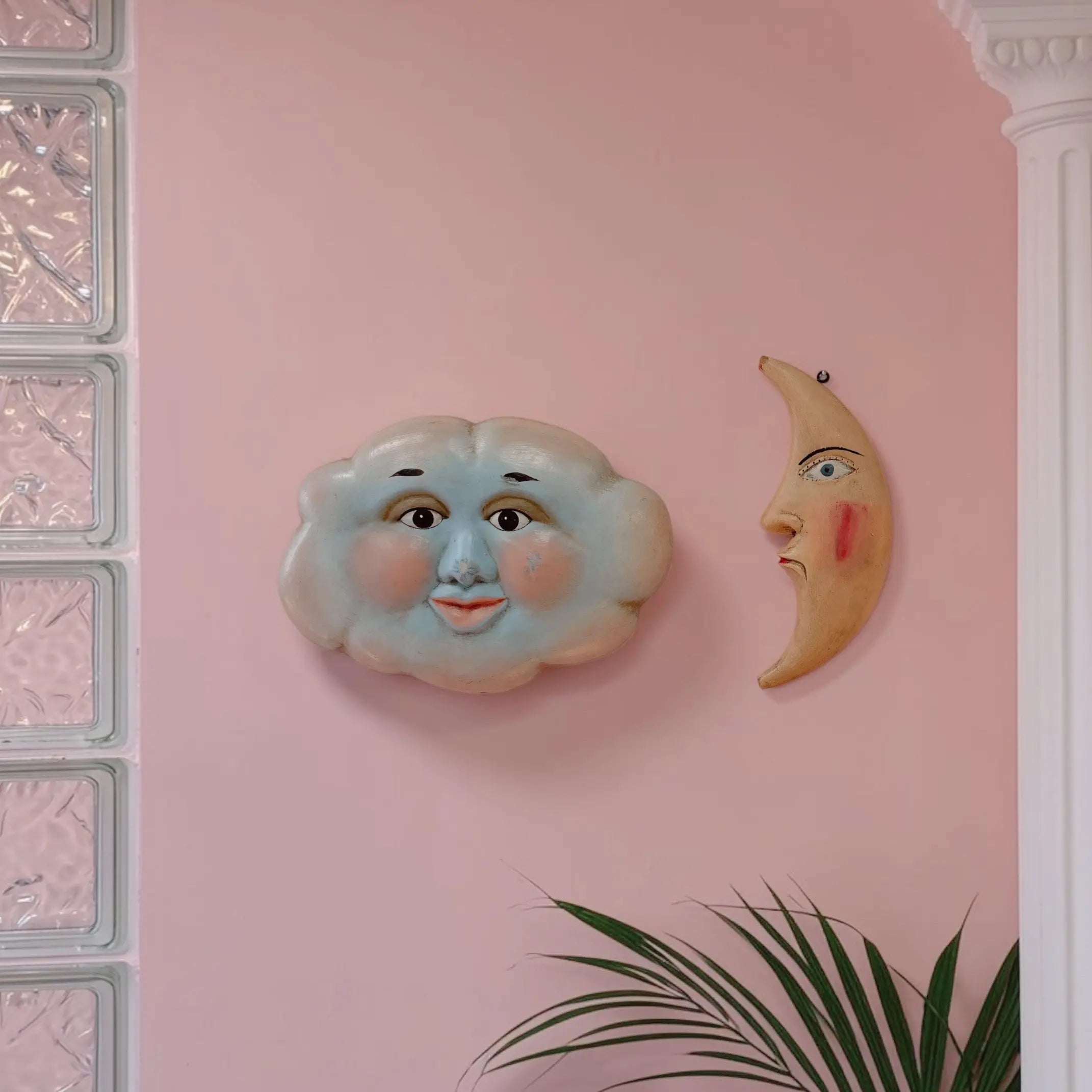 Sculpture murale nuage, visage peint à la main, Folk Art céleste, années 80