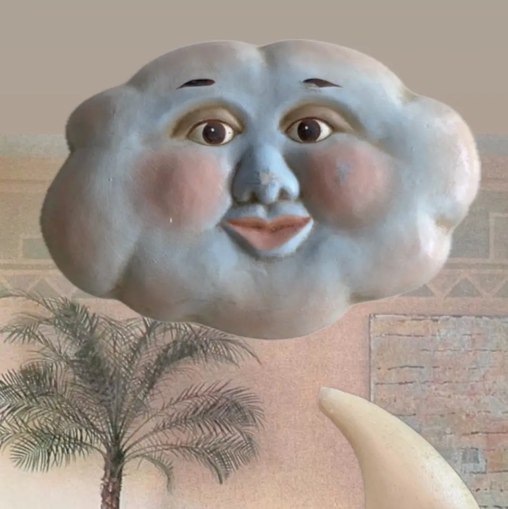 Sculpture murale nuage, visage peint à la main, Folk Art céleste, années 80