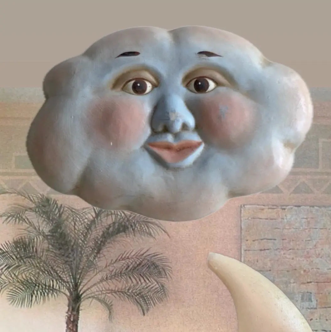 Sculpture murale nuage, visage peint à la main, Folk Art céleste, années 80