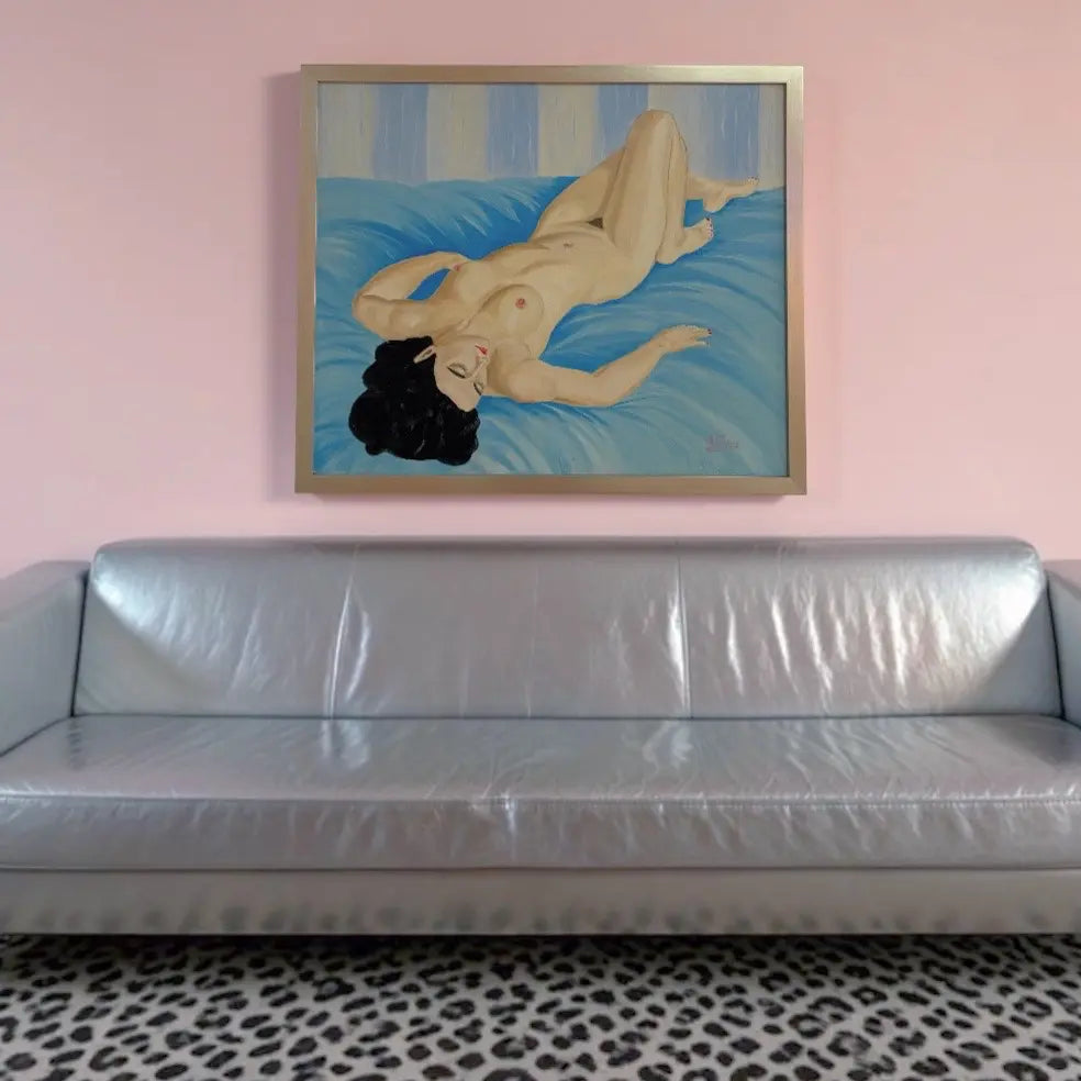 Peinture nue vintage, femme allongée, huile sur toile signée A. Rey, cadre argenté
