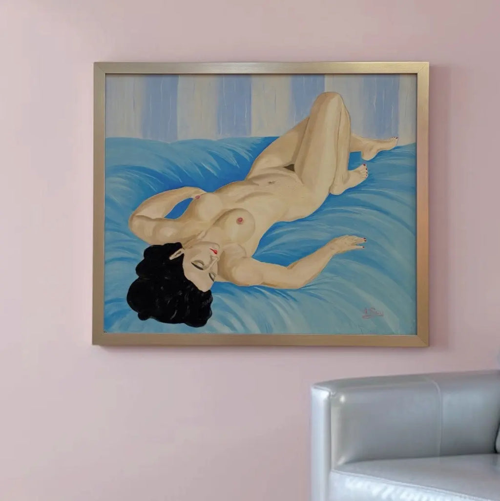 Peinture nue vintage, femme allongée, huile sur toile signée A. Rey, cadre argenté