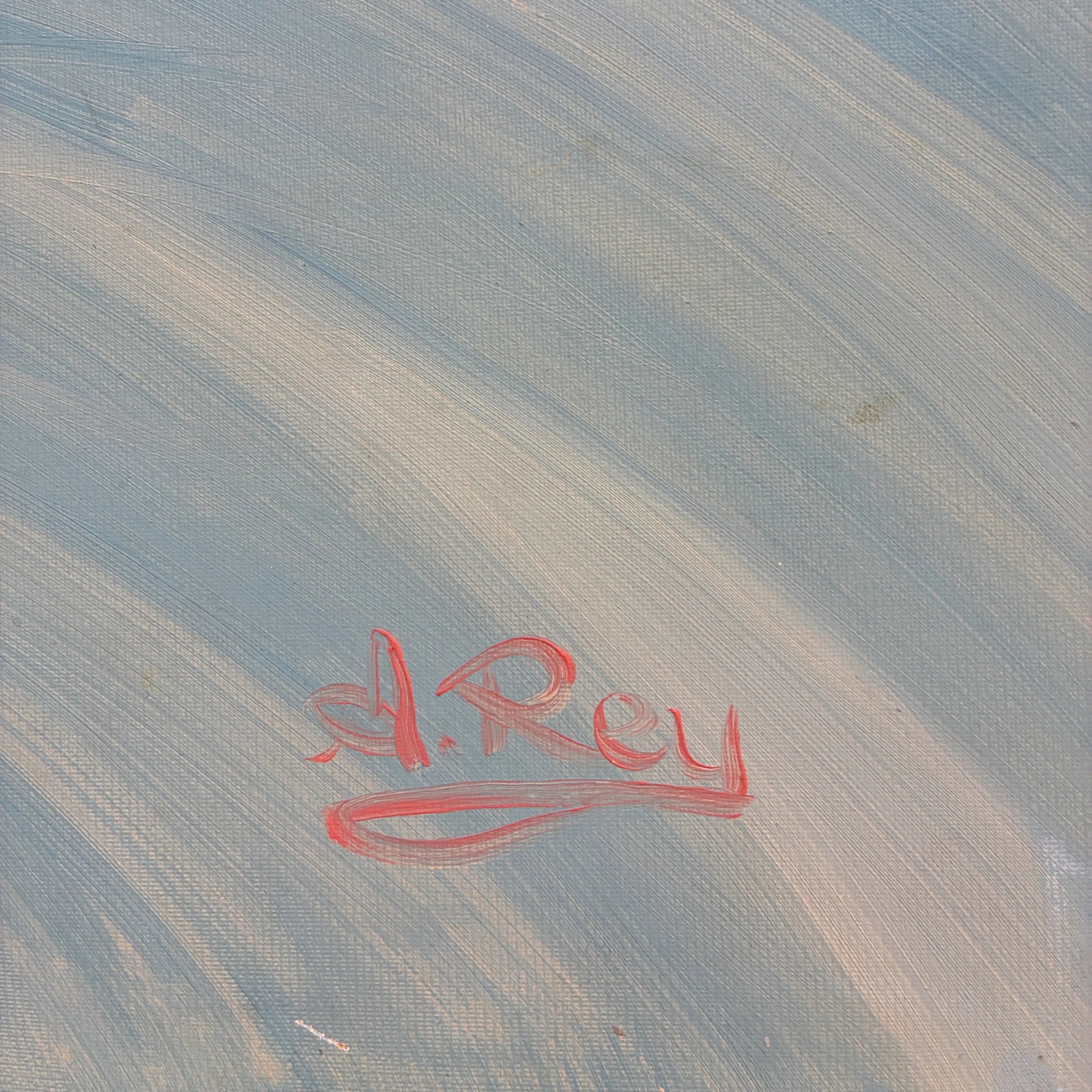 Peinture nue vintage, femme allongée, huile sur toile signée A. Rey, cadre argenté