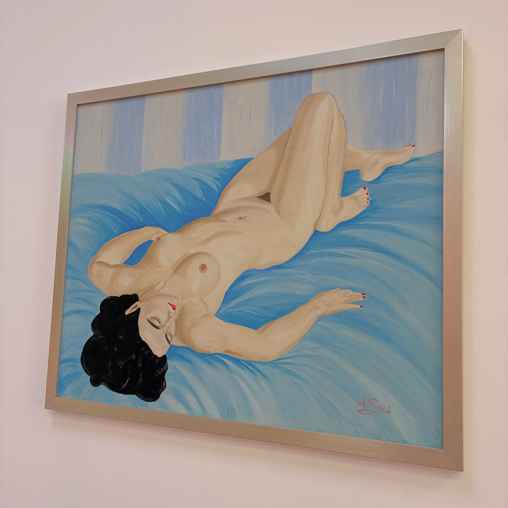 Peinture nue vintage, femme allongée, huile sur toile signée A. Rey, cadre argenté