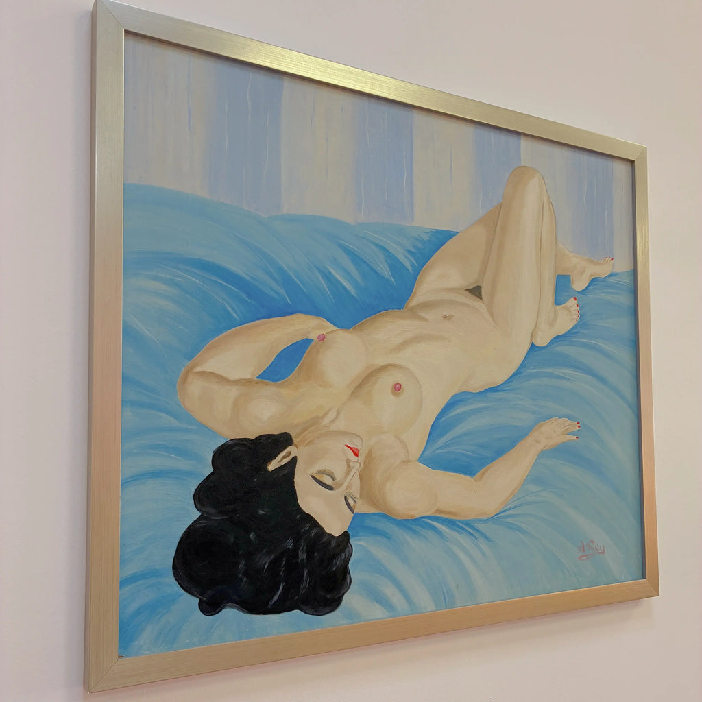 Peinture nue vintage, femme allongée, huile sur toile signée A. Rey, cadre argenté
