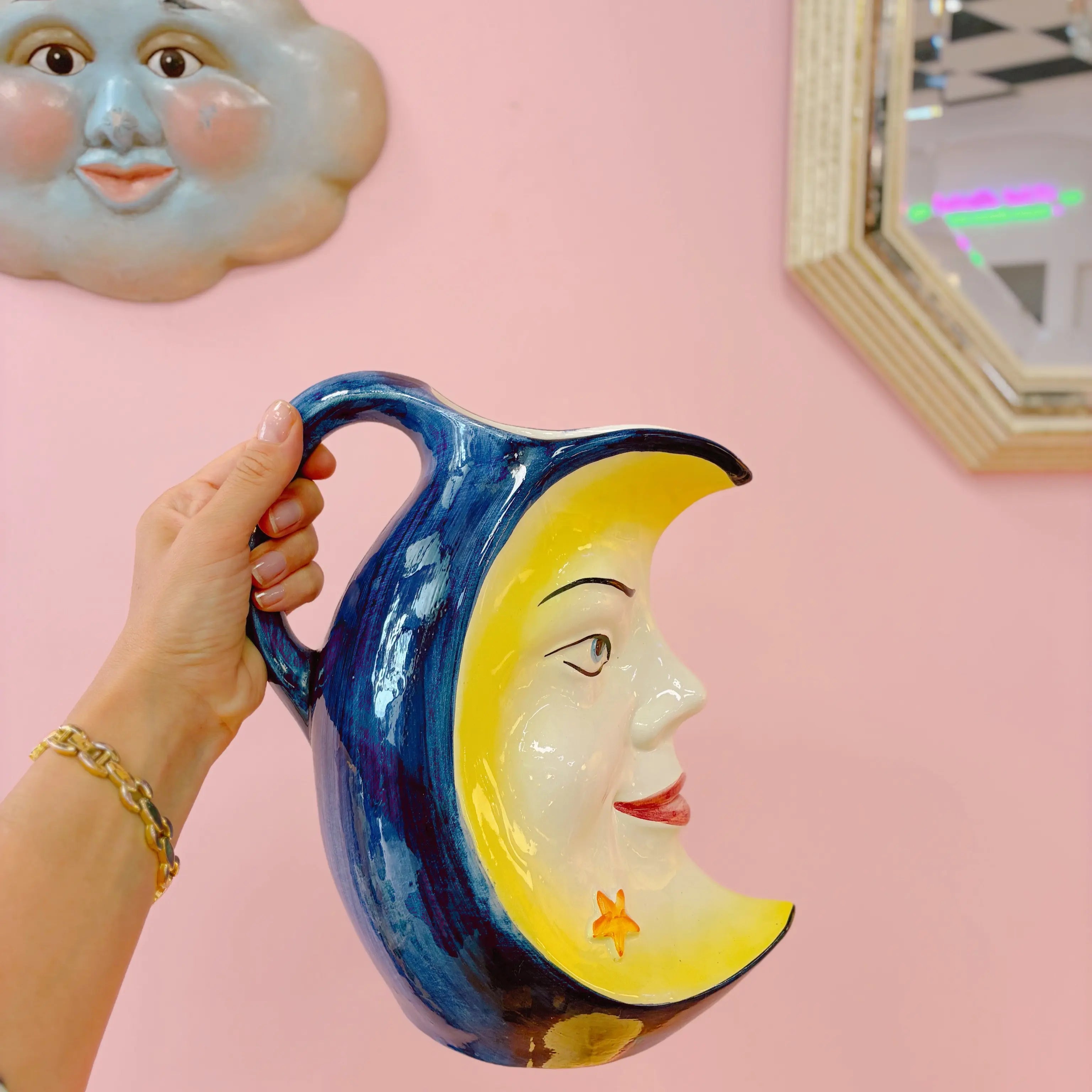 Pichet vintage en céramique italienne, visage lune, Bassano, années 70