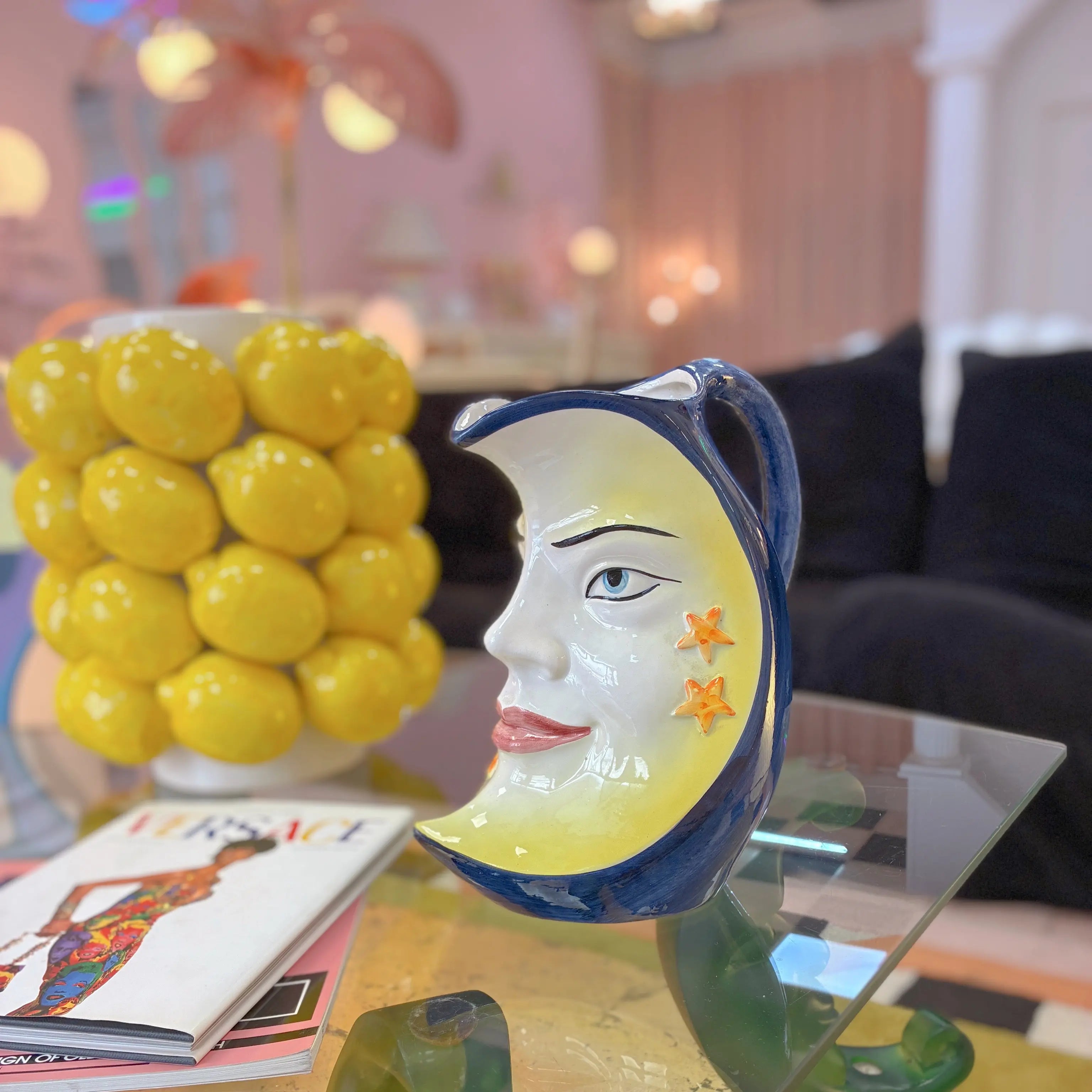 Pichet vintage en céramique italienne, visage lune, Bassano, années 70