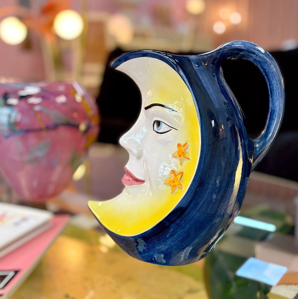 Pichet vintage en céramique italienne, visage lune, Bassano, années 70