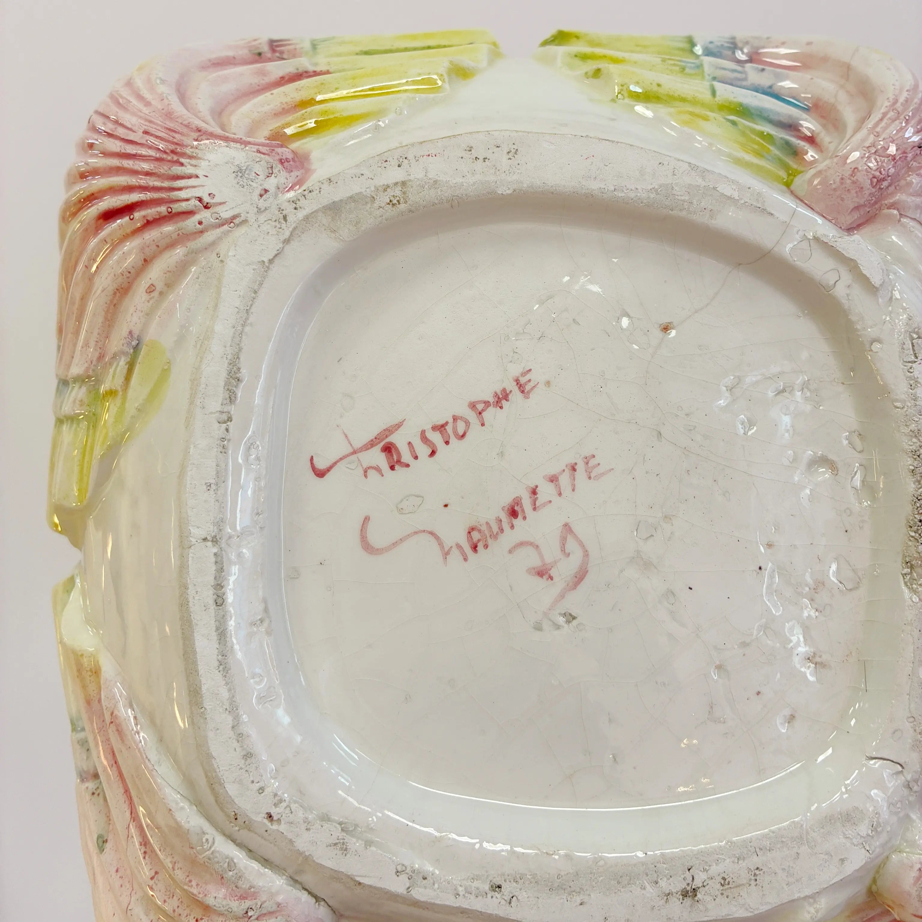 Cache-pot vintage coquillage, céramique peinte à la main, dégradés pastel, années 70