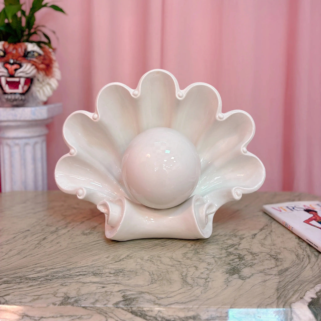 Grande lampe coquillage vintage italienne en céramique blanche, globe perle, années 70