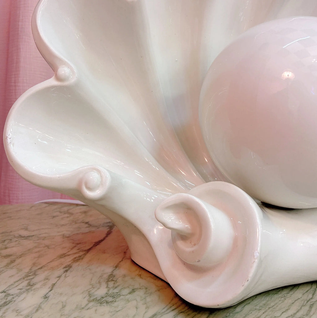 Grande lampe coquillage vintage italienne en céramique blanche, globe perle, années 70