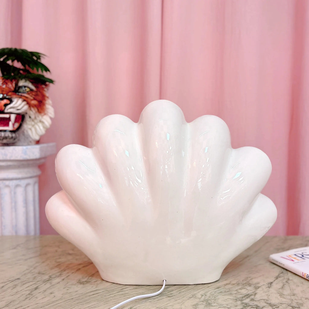 Grande lampe coquillage vintage italienne en céramique blanche, globe perle, années 70