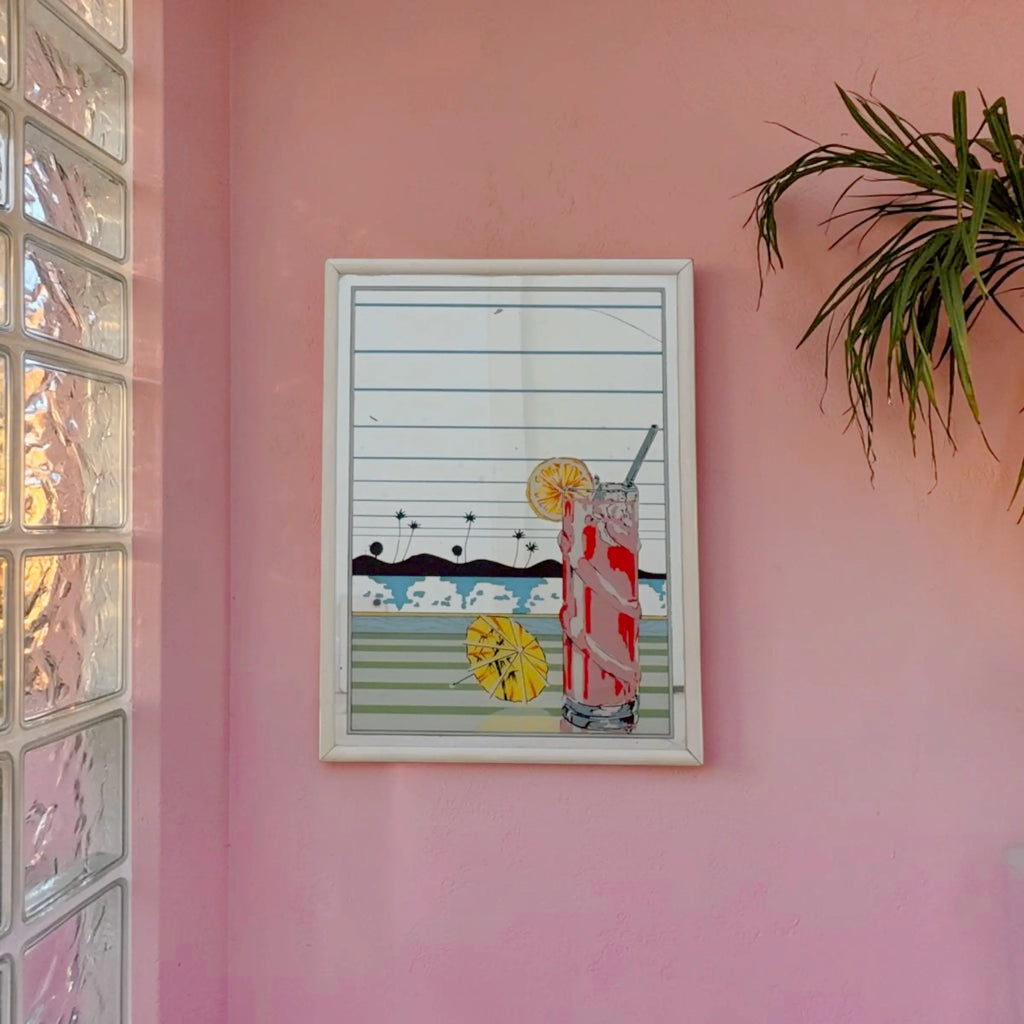 Miroir vintage sérigraphié années 80, cocktail et palmiers, cadre en bois blanc
