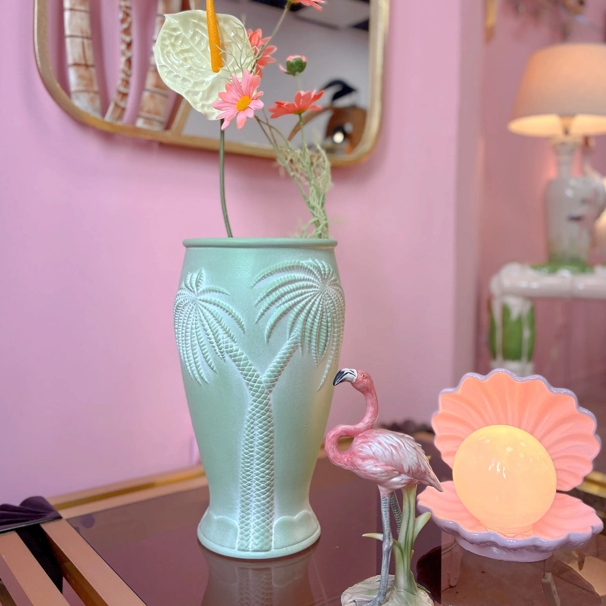 Grand vase palmier vintage, céramique vert menthe pastel, décor en relief, années 80