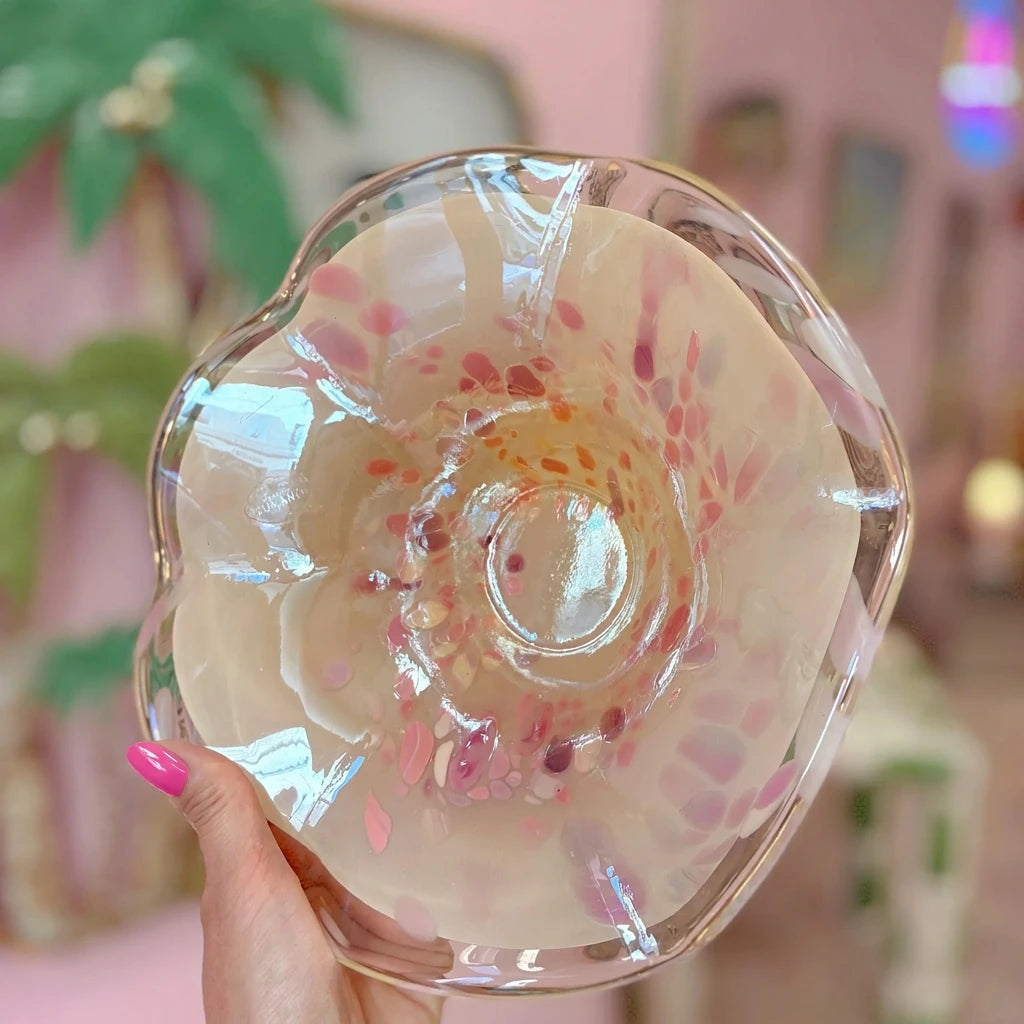 Coupe vintage style Murano en verre irisé, rose et pastel, bord ondulé, années 80