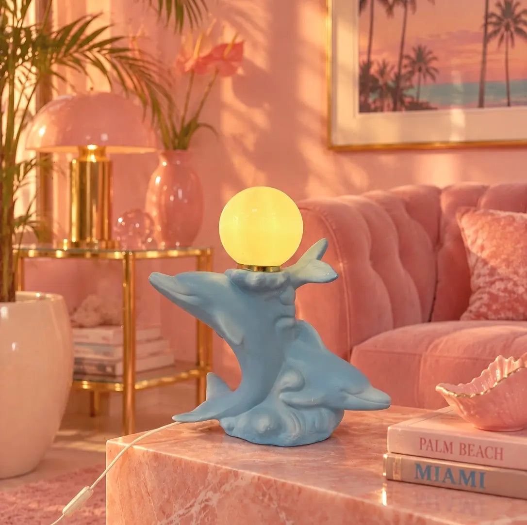 Lampe double dauphin vintage en céramique bleu pastel, globe opalin, Rosagaso, années 80