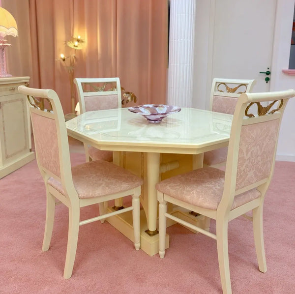 Table de salle à manger octogonale laquée et 4 chaises cygnes laiton, baroque italien, années 80