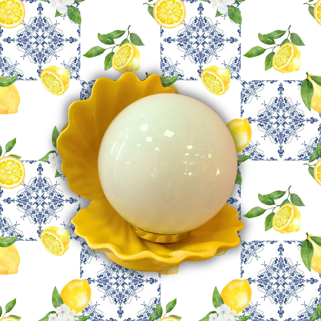 Lampe coquillage céramique jaune Rosagaso globe opaline vintage années 80