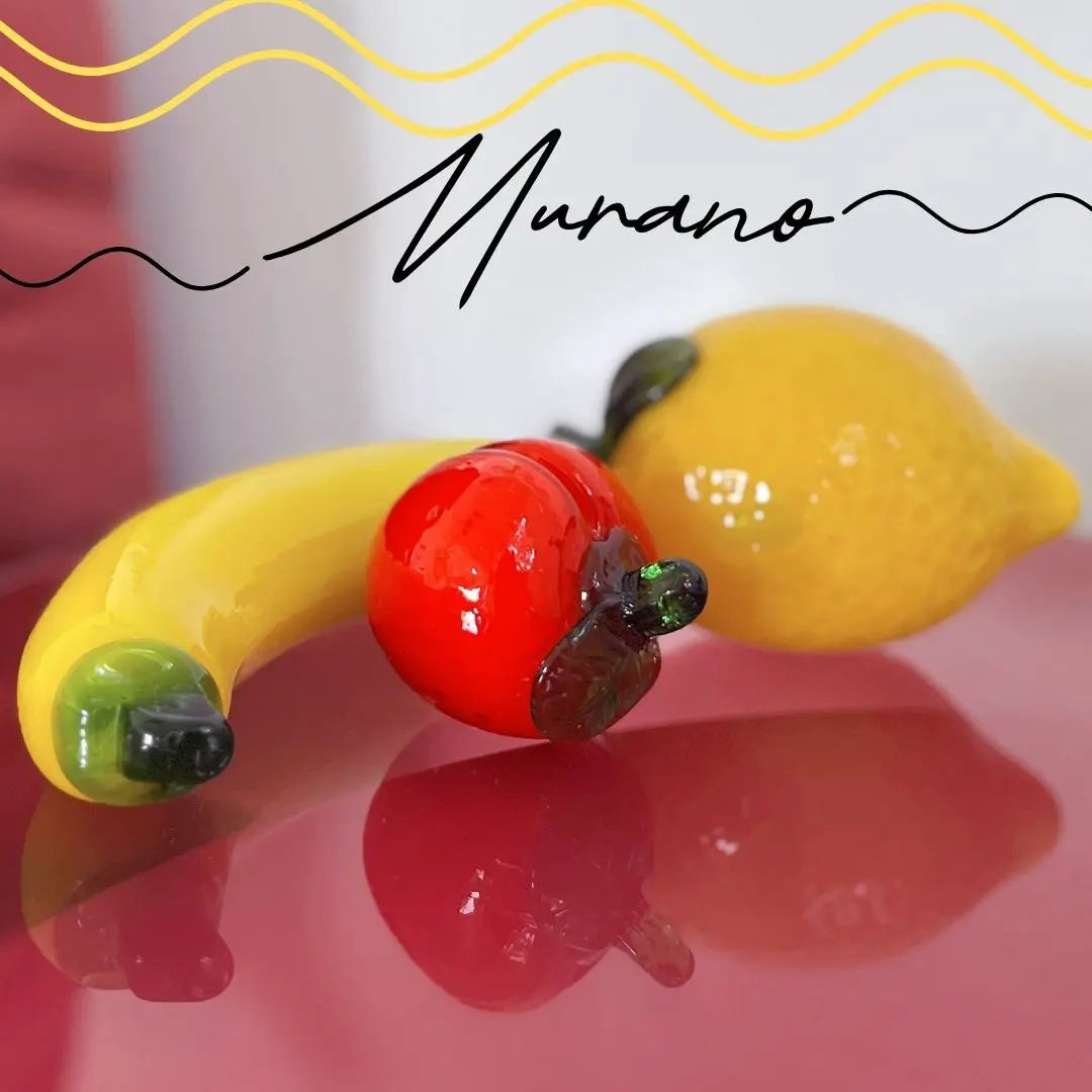 Fruits en verre de Murano soufflé vintage années 70, ensemble banane, citron et pêche.