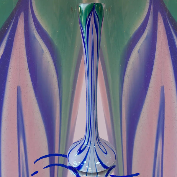 Grand vase soliflore verre soufflé bleu, rose et vert, vintage années 70