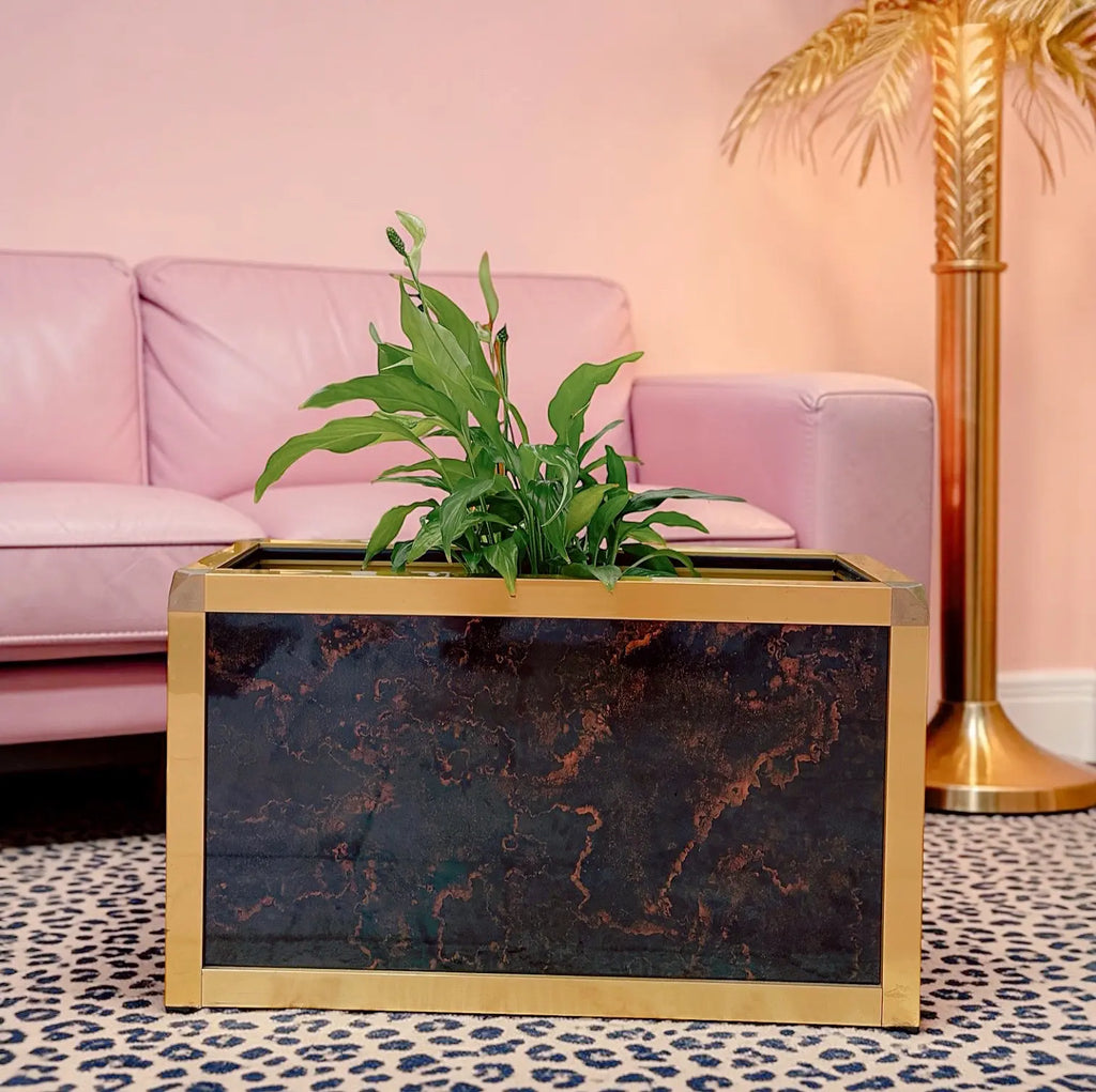 Jardinière vintage en altuglas effet écaille de tortue, métal doré, années 80