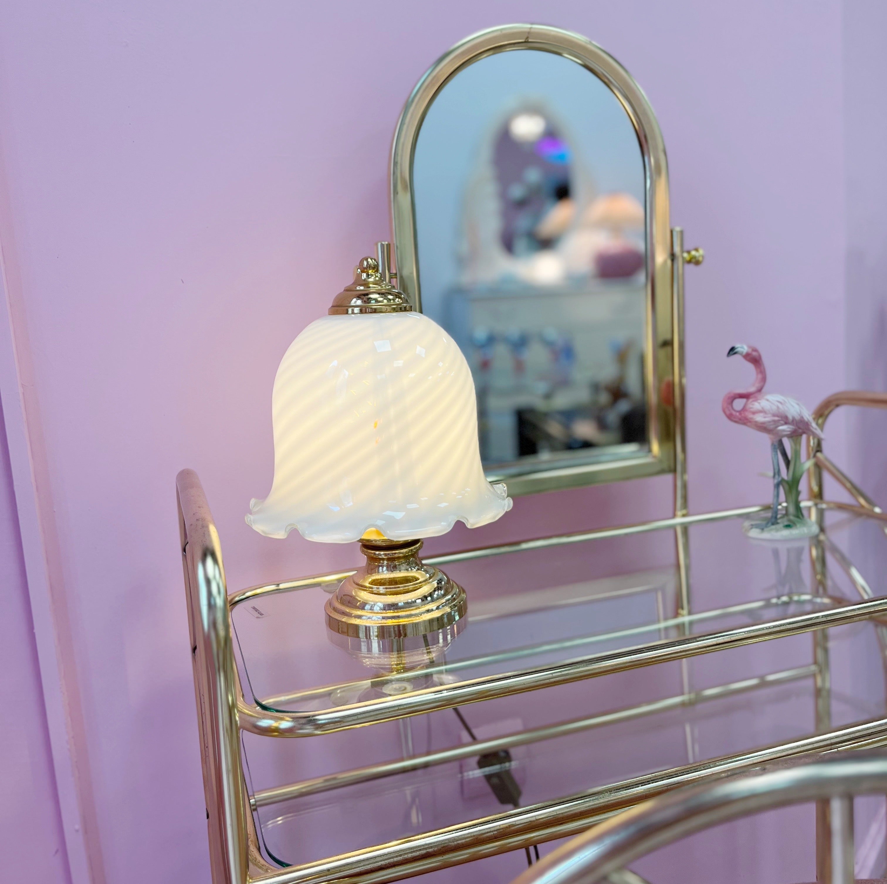 Lampe Cloche en Verre Torsadé – Métal Doré, Années 70