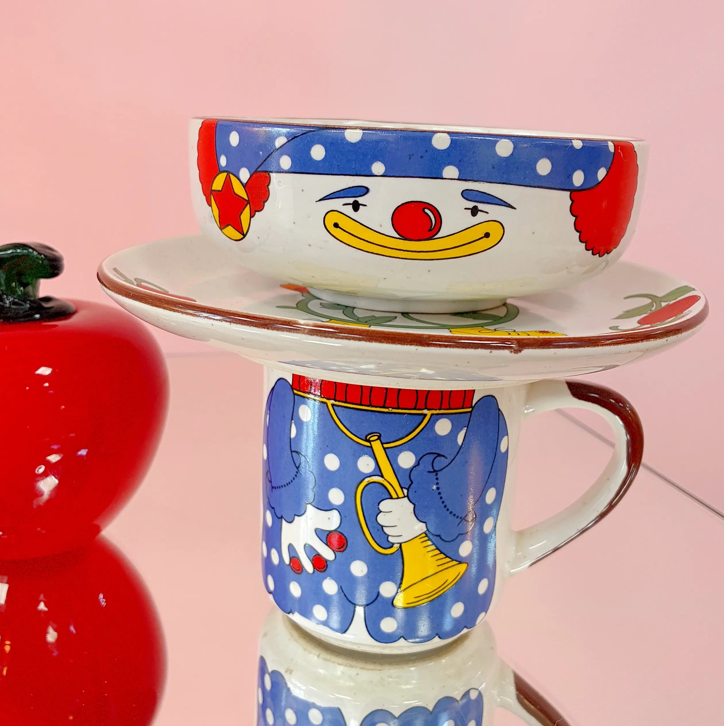 Service petit-déjeuner vintage clown en grès, années 70-80