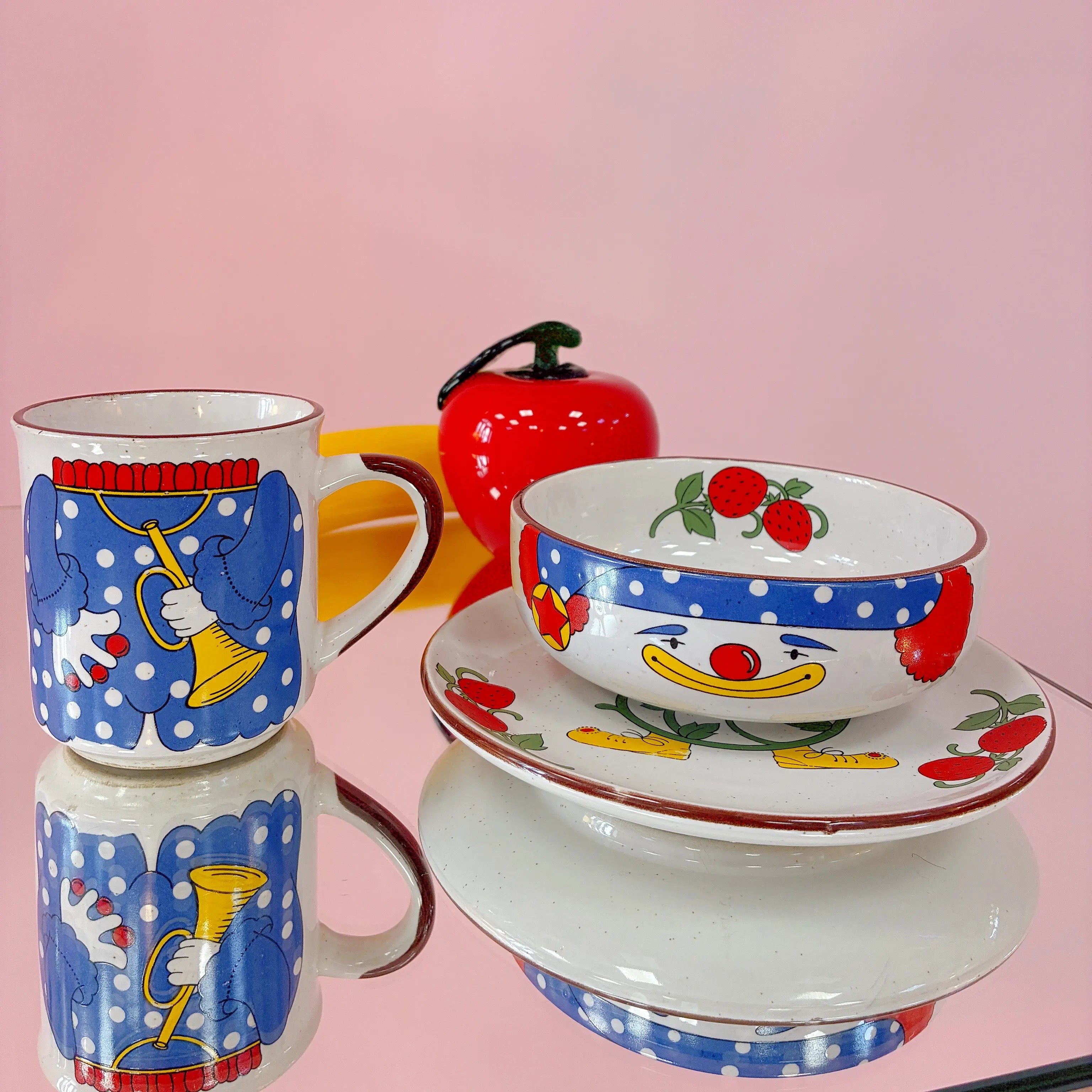 Service petit-déjeuner vintage clown en grès, années 70-80
