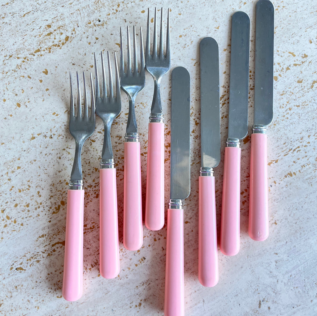 Set de 8 couverts roses vintage années 80