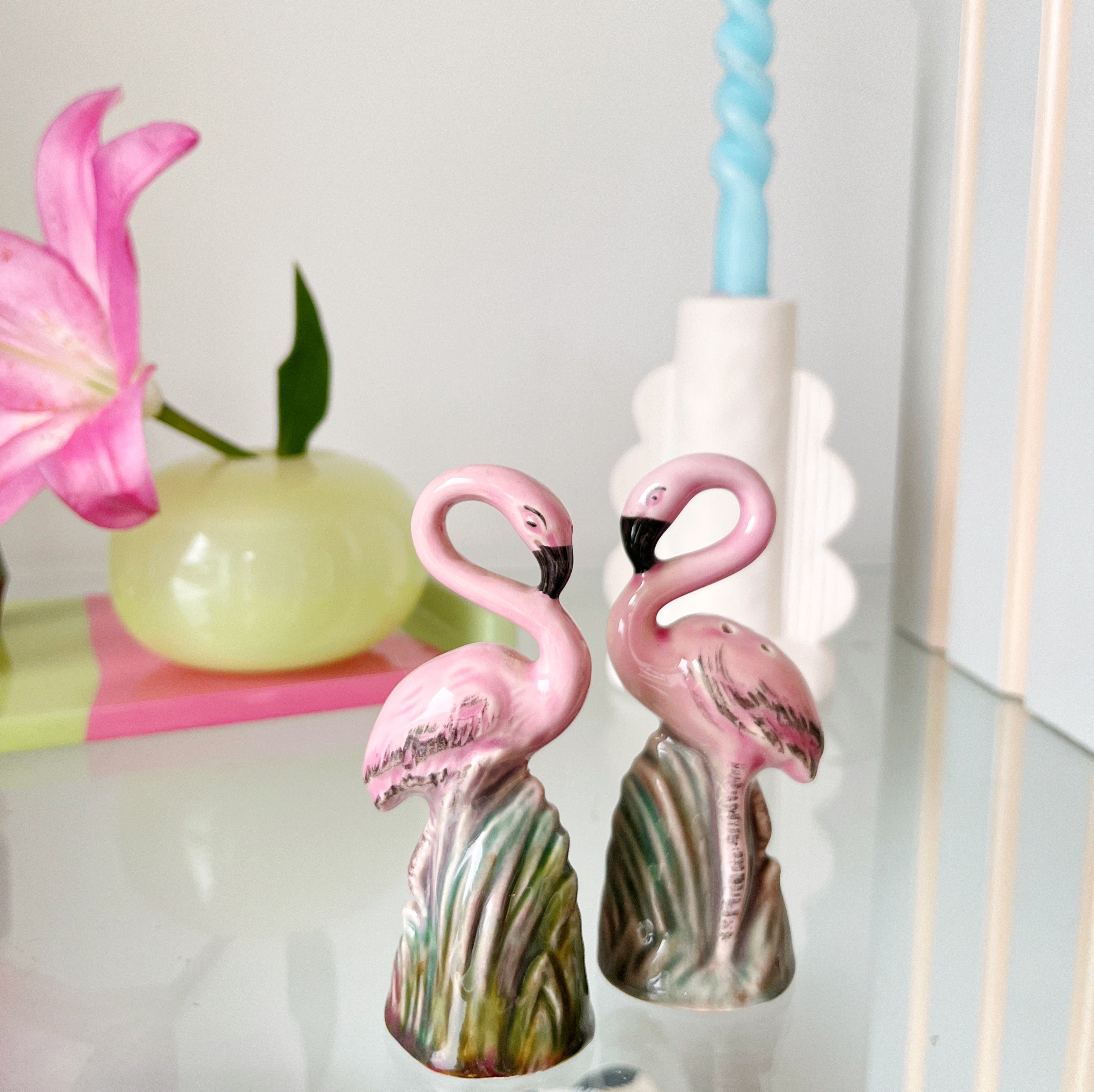 Salière et poivrière en céramique vintage flamants roses