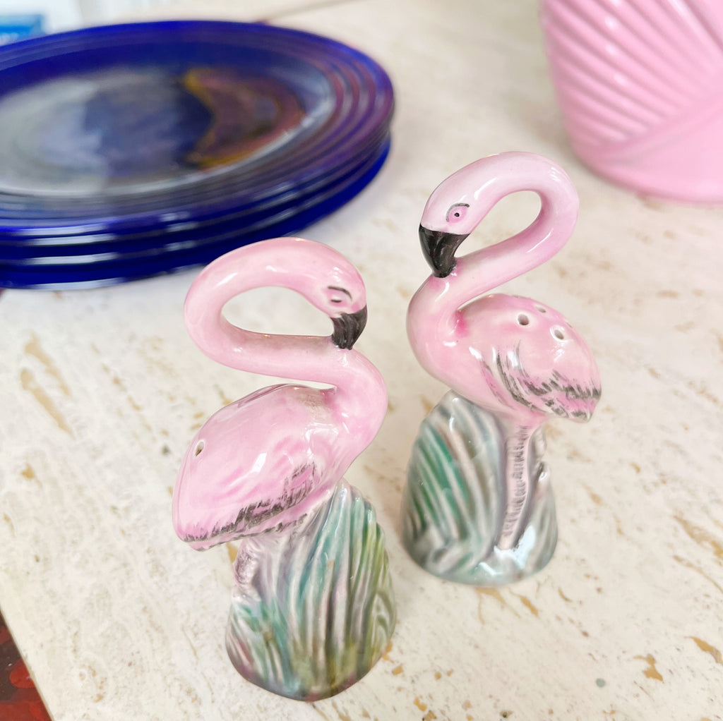 Salière et poivrière en céramique vintage flamants roses