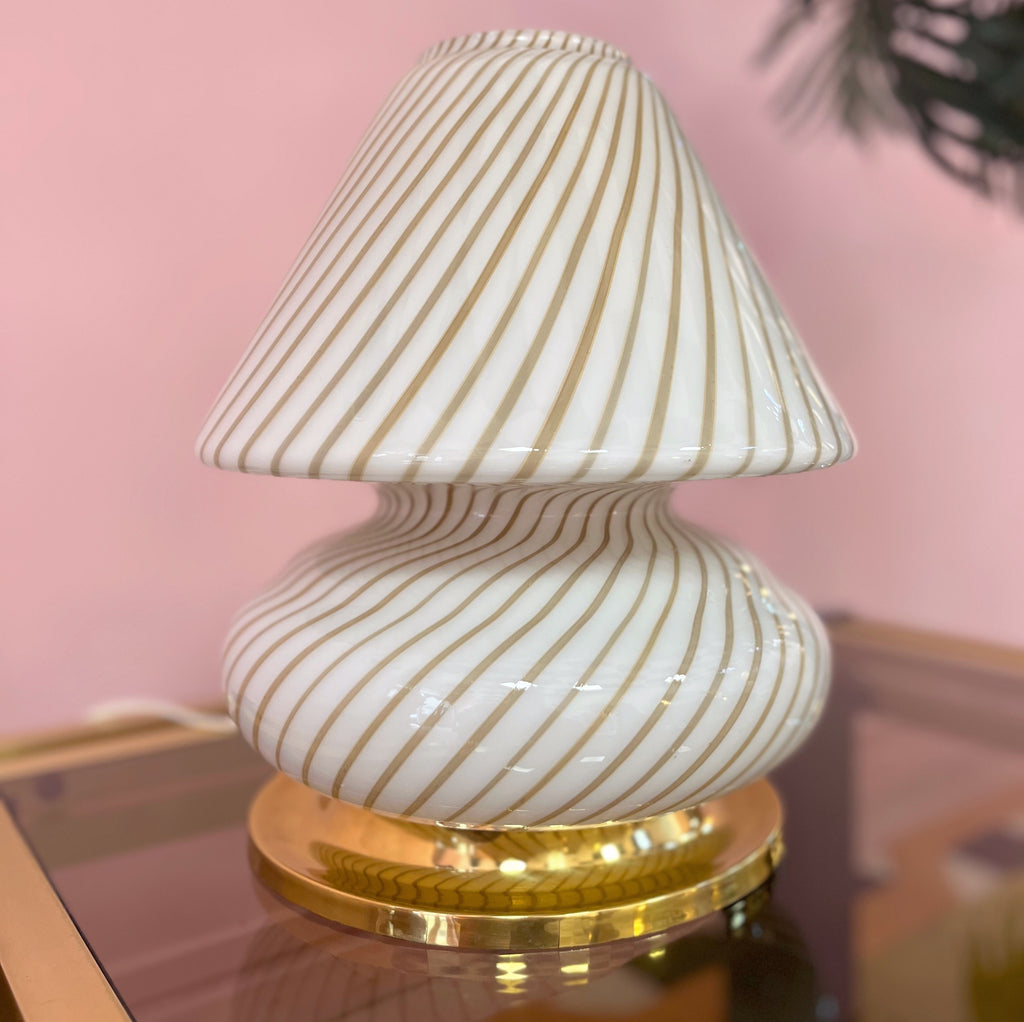 Lampe champignon en verre soufflé & socle en laiton, 70’s