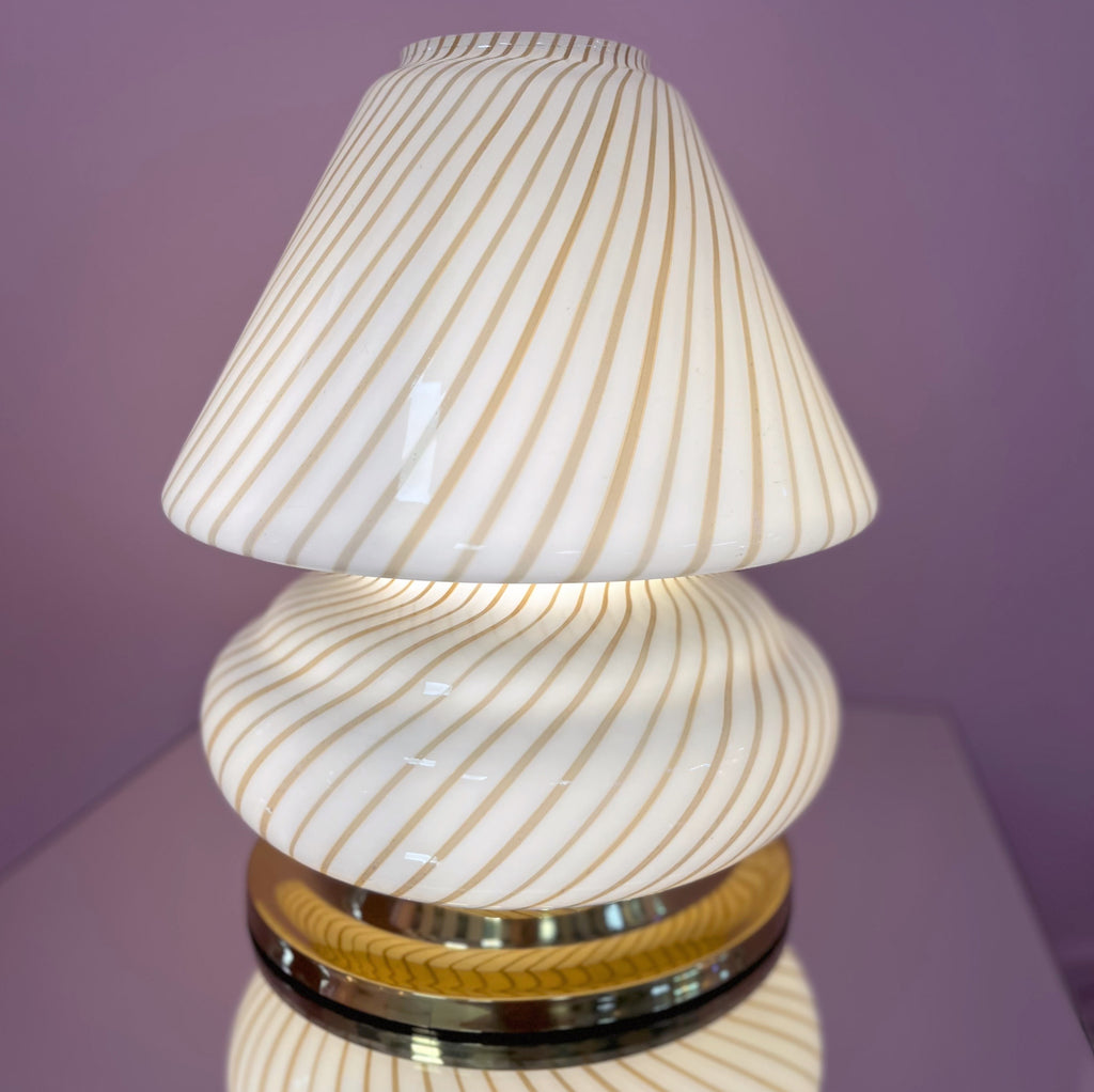 Lampe champignon en verre soufflé & socle en laiton, 70’s