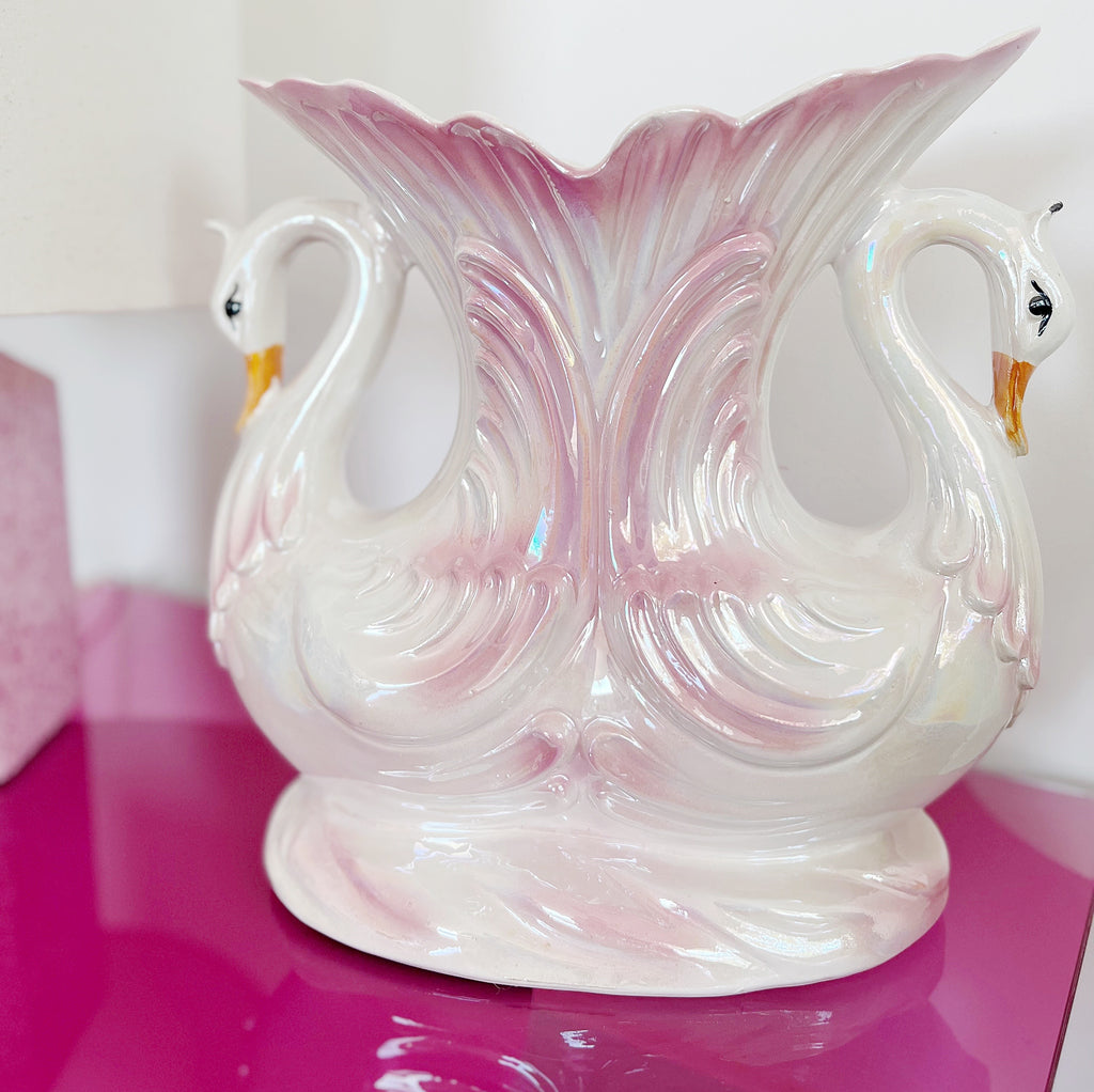 Vase double cygne iridescent
