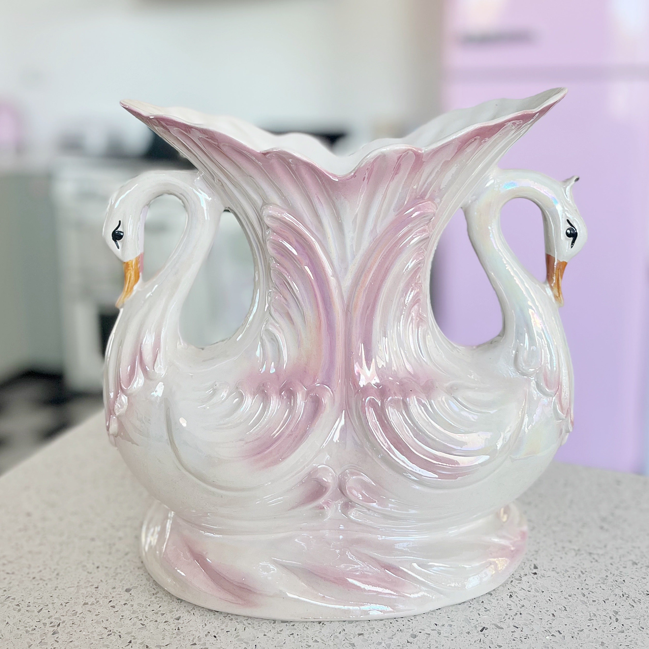 Vase double cygne iridescent
