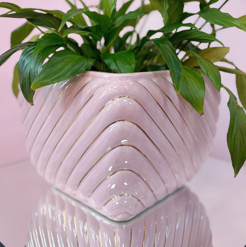 Cache-pot vintage italien, céramique rose, torsade et filets dorés, années 70