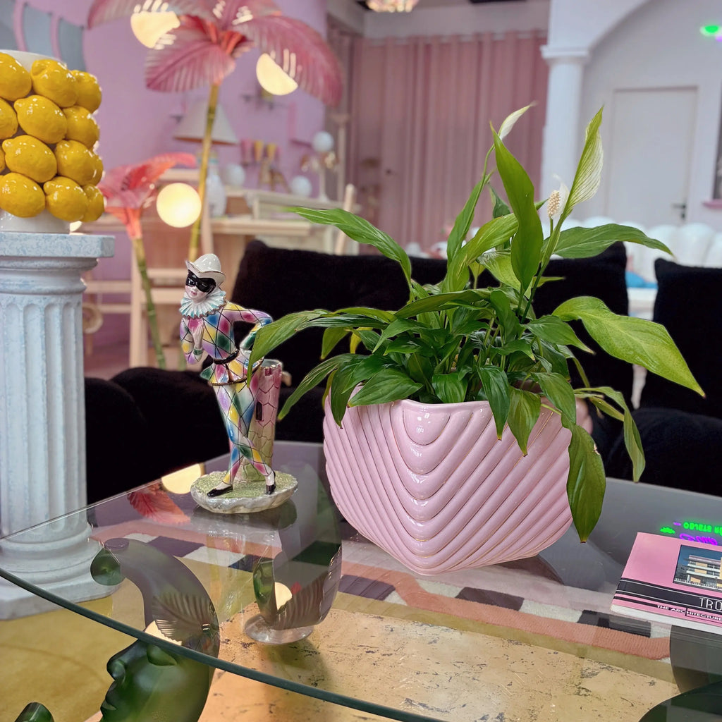 Cache-pot vintage italien, céramique rose, torsade et filets dorés, années 70