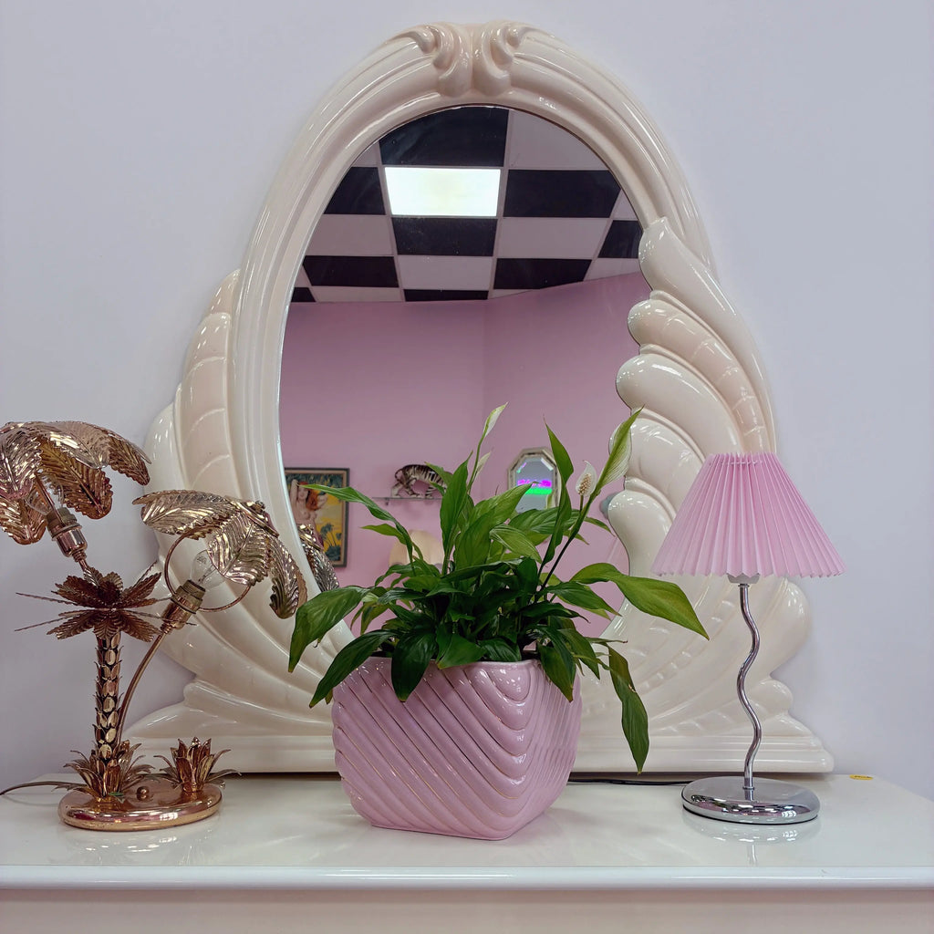 Cache-pot vintage italien, céramique rose, torsade et filets dorés, années 70