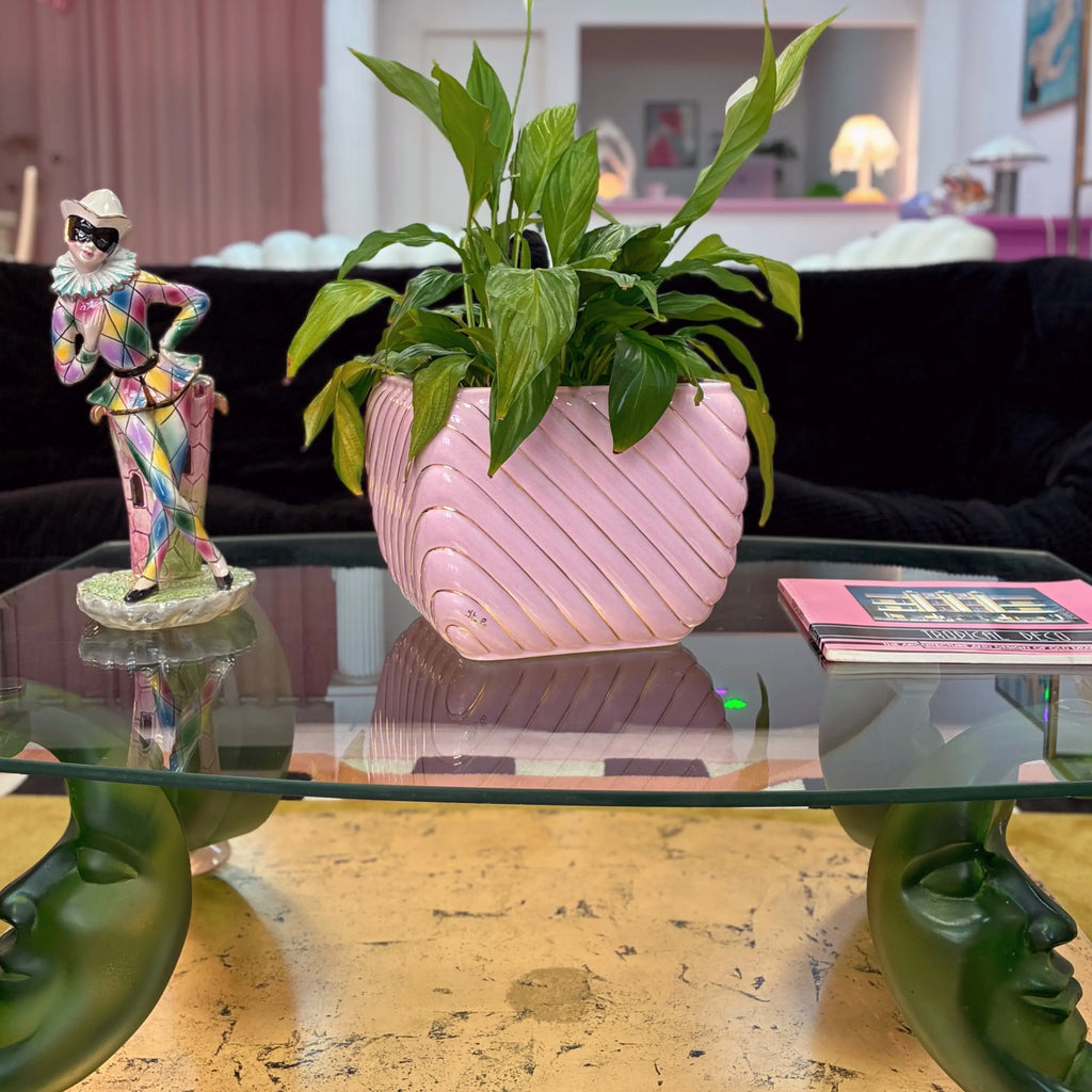 Cache-pot vintage italien, céramique rose, torsade et filets dorés, années 70