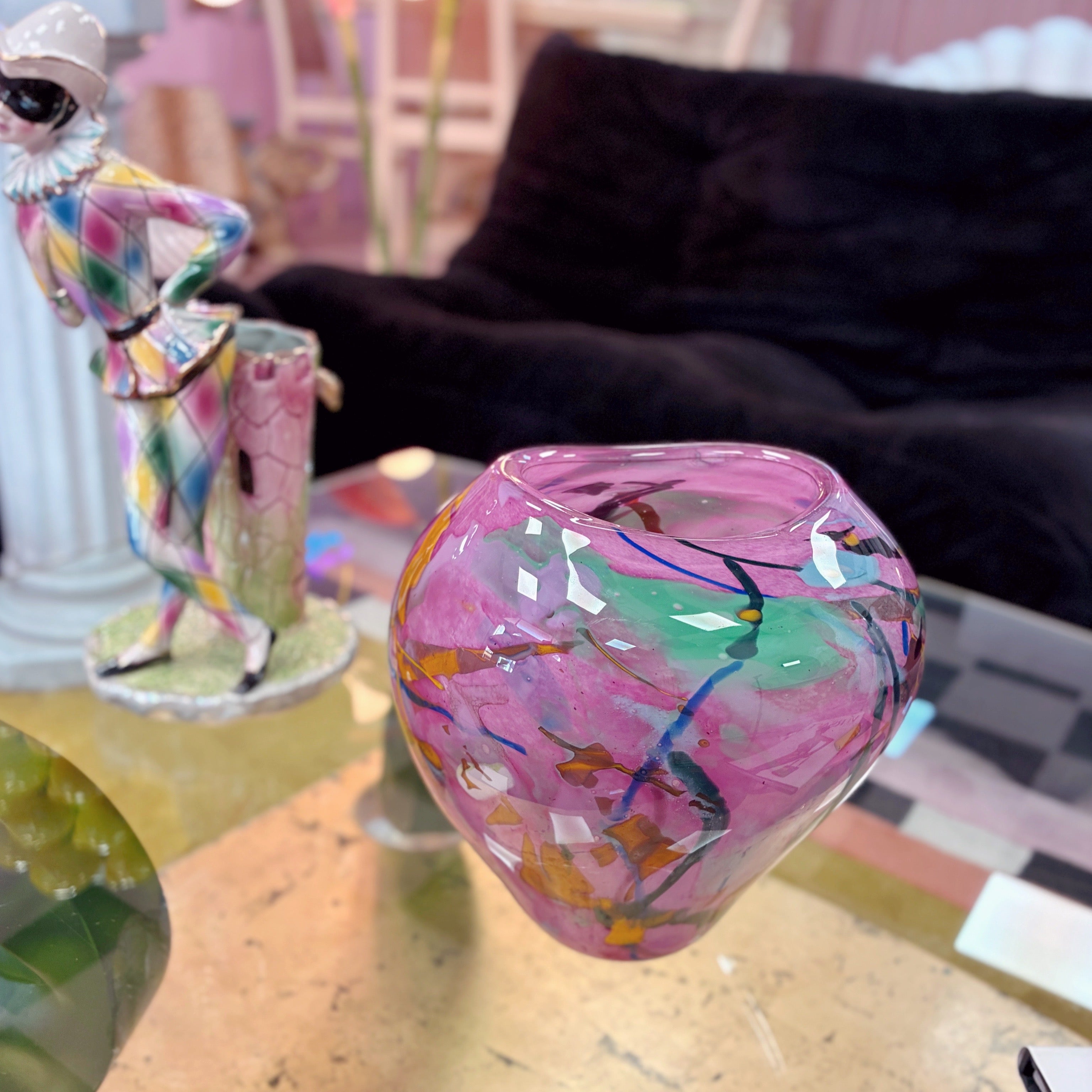 Vase en verre soufflé vintage, motif abstraits, confettis multicolore, années 80