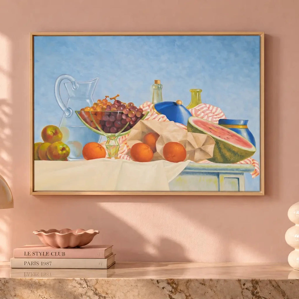 Nature morte à la pastèque et aux raisins, Patrick Le Flohic, tableau original 79 x 59 cm